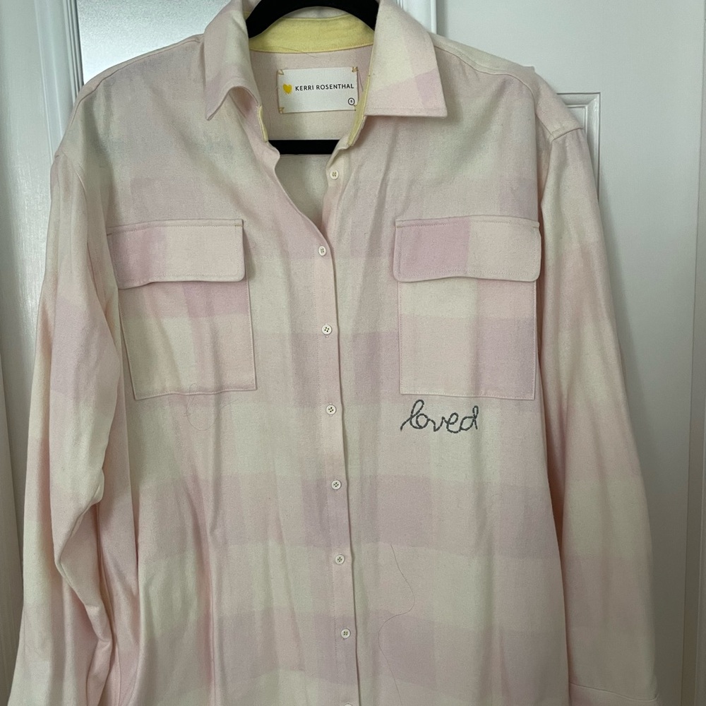 Kerri Rosenthal Light Pink Check Button-Down Shirt with "Loved" Embroidery Sz S